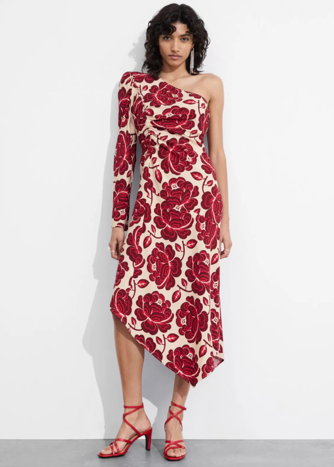 & Other Stories Dresses | Asymmetric One-Shoulder Midi Dress Red Florals