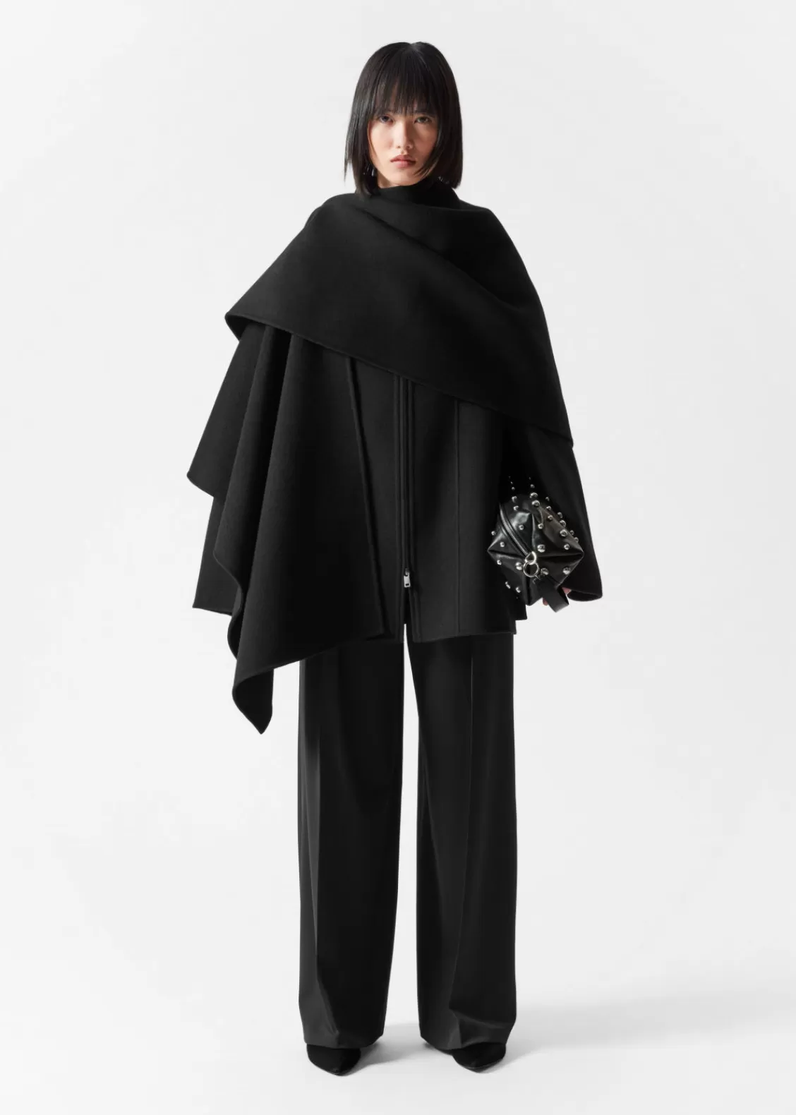 & Other Stories Outerwear | Asymmetric Wool-Blend Cape Black