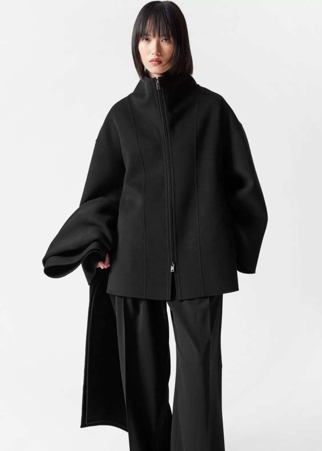 & Other Stories Outerwear | Asymmetric Wool-Blend Cape Black