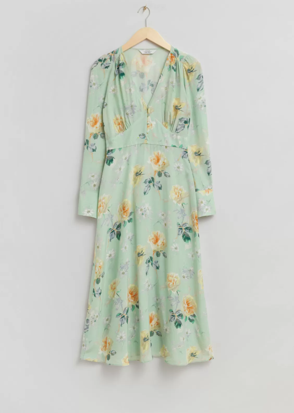 & Other Stories Dresses | Buttoned V-Cut Midi Dress Light Green Floral Print