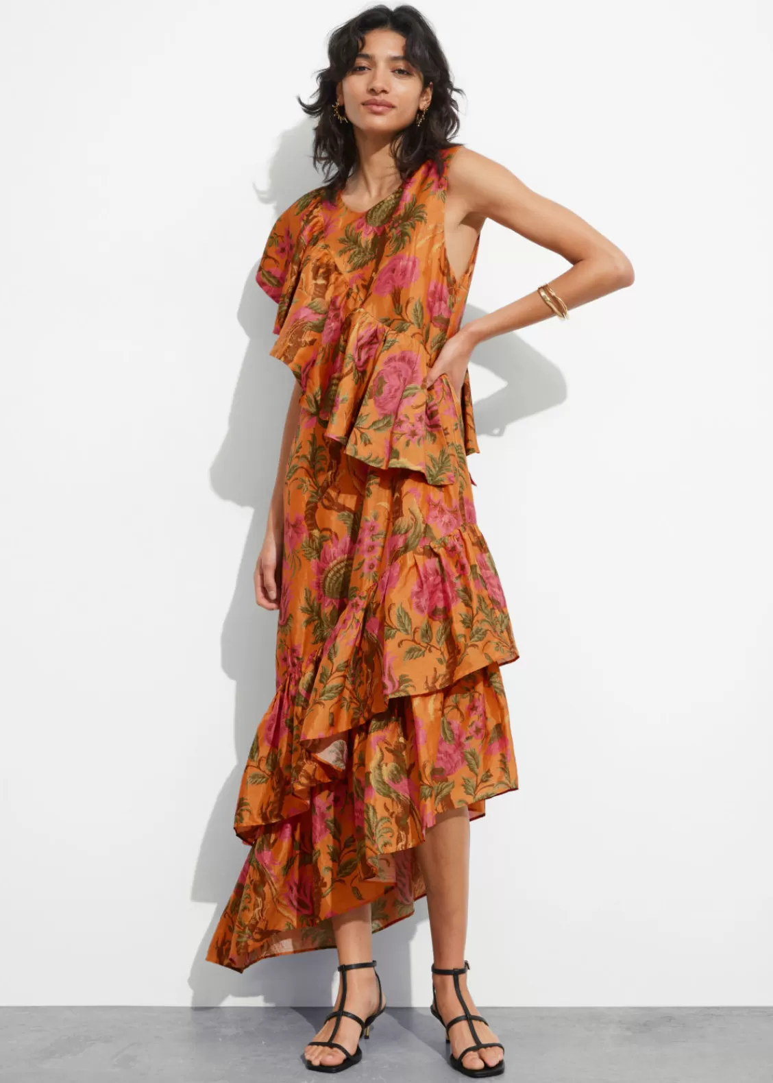 & Other Stories Dresses | Cascading Ruffle Midi Dress Orange Print