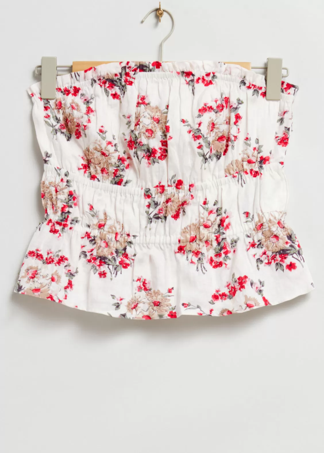 & Other Stories Tops | Elasticated Beaded Bustier Top White Floral Embroidered