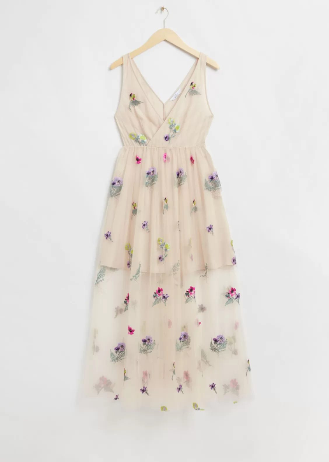 & Other Stories Dresses | Embellished Gathered Tulle Dress Light Beige Floral Embroidery