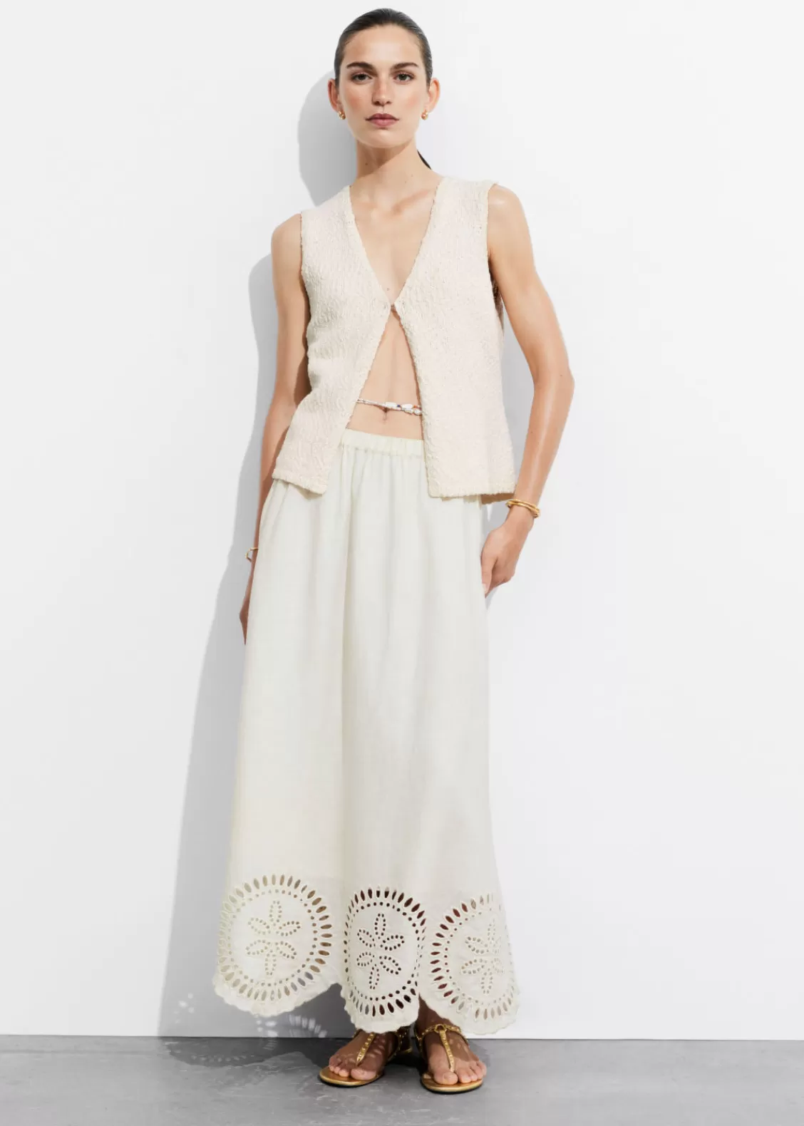 & Other Stories Swimwear | Sets & Suits | Embroidered Linen Midi Skirt White