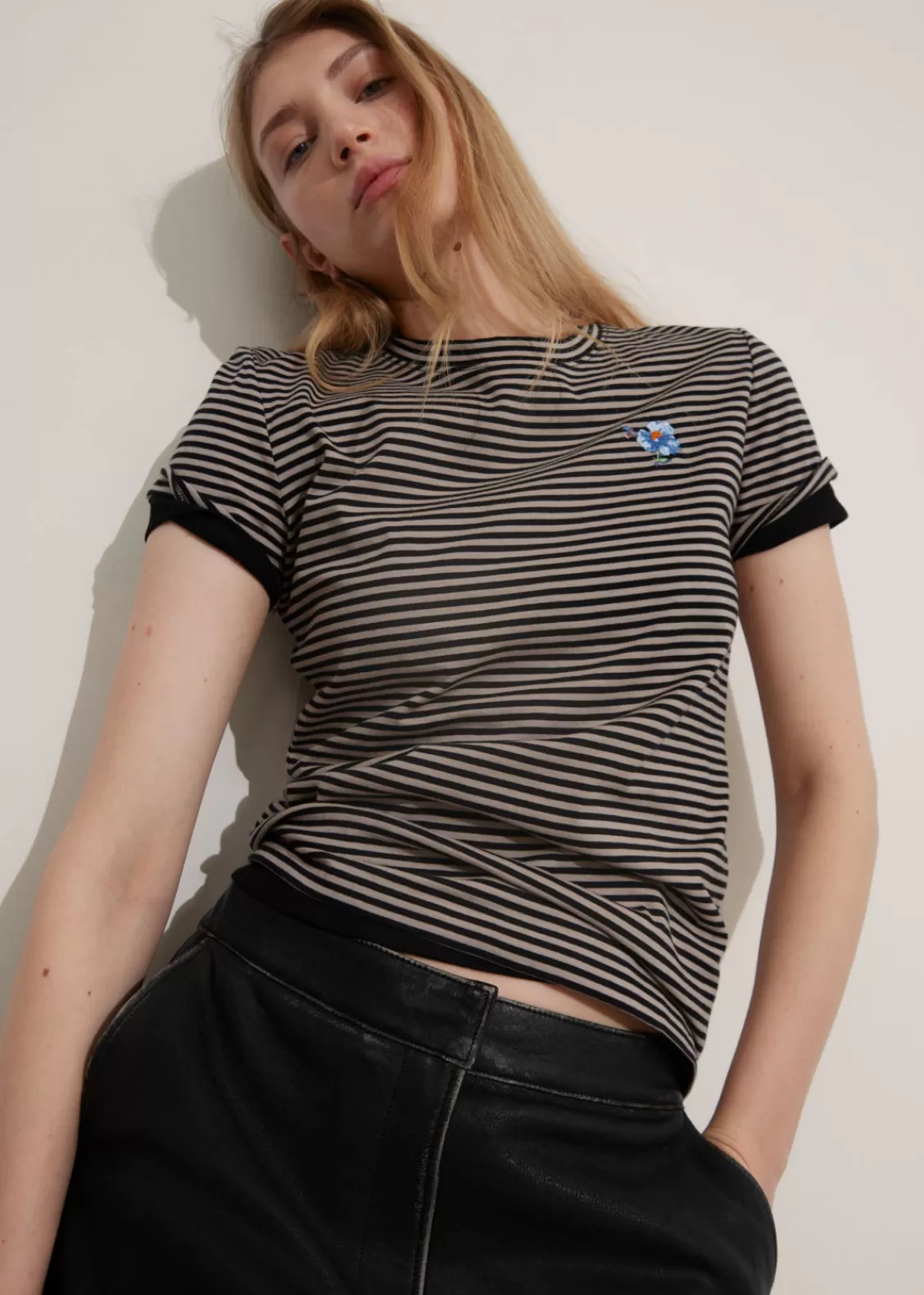 & Other Stories Tops | Embroidered T-Shirt Beige/Black Stripes