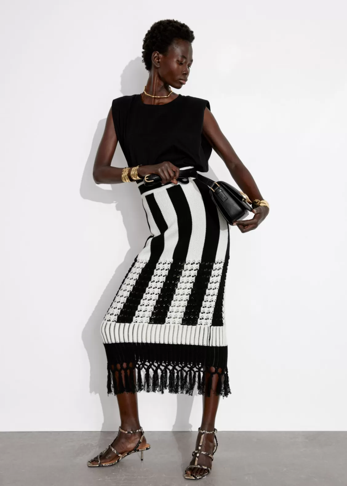 & Other Stories Skirts | Fringed Knit Midi Skirt Black/White