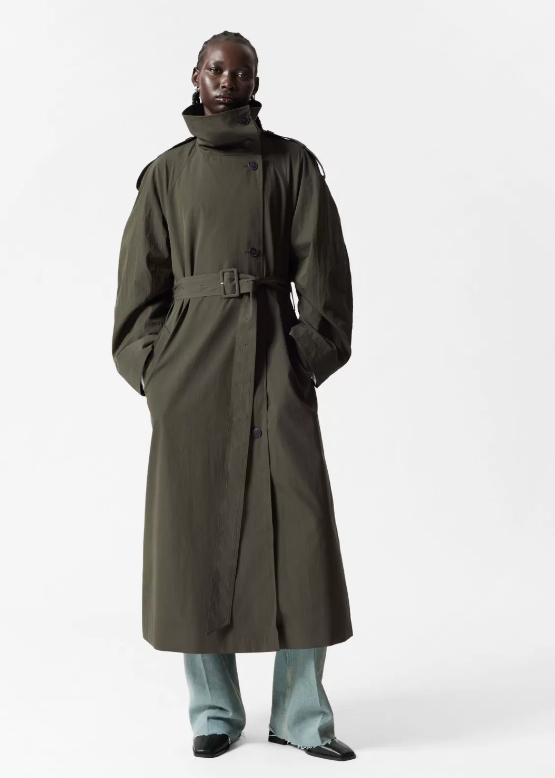 & Other Stories Outerwear | High-Collar Trench Coat Green