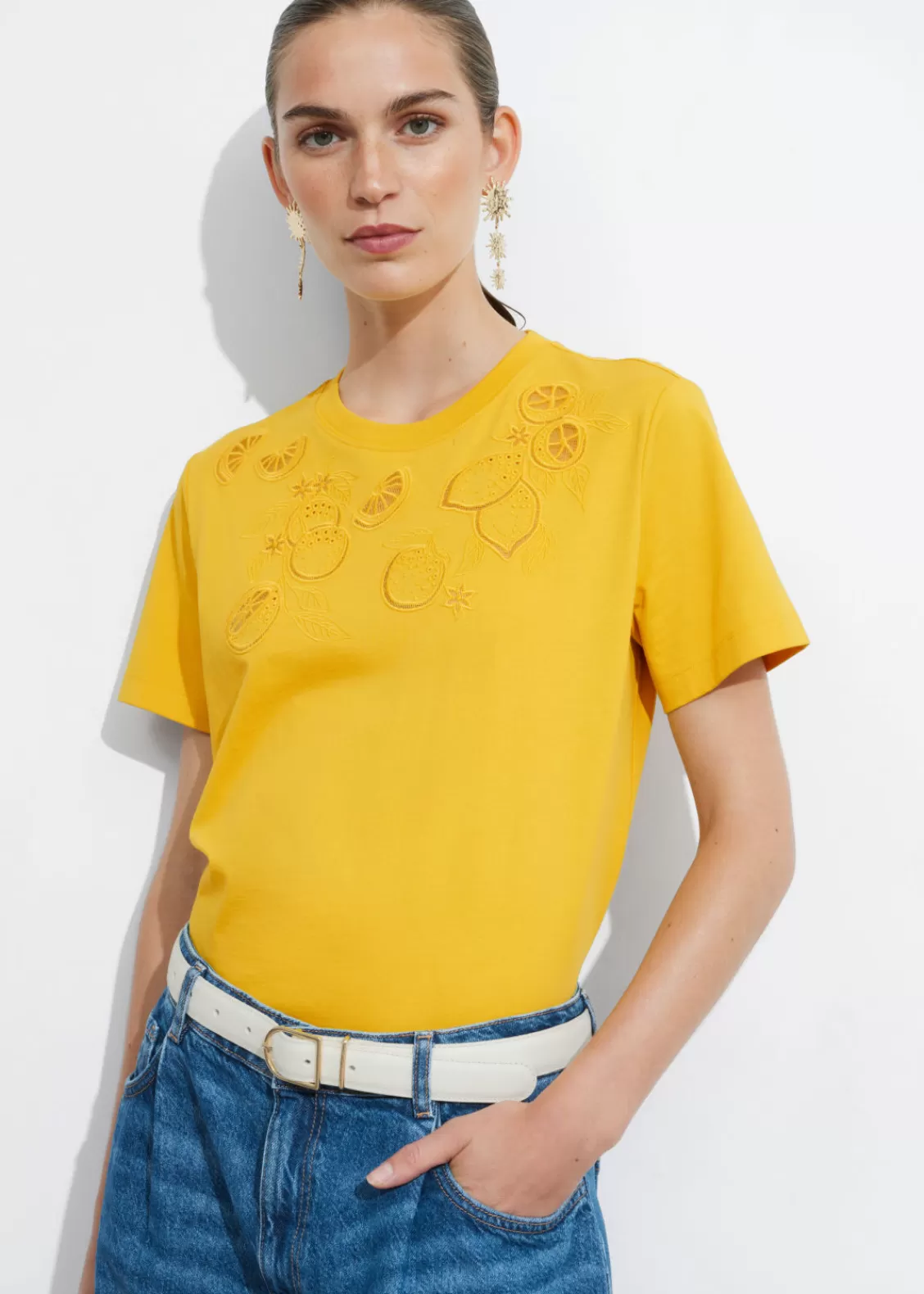 & Other Stories Tops | Lemon Embroidery T-Shirt Yellow