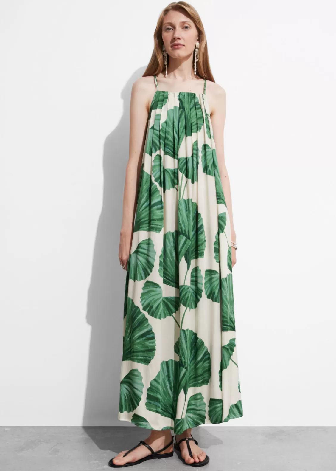 & Other Stories Dresses | Pleated Halterneck Maxi Dress Green Florals