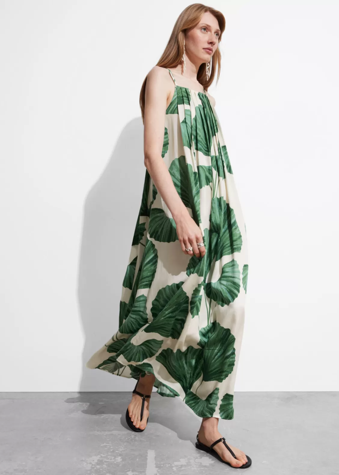 & Other Stories Dresses | Pleated Halterneck Maxi Dress Green Florals