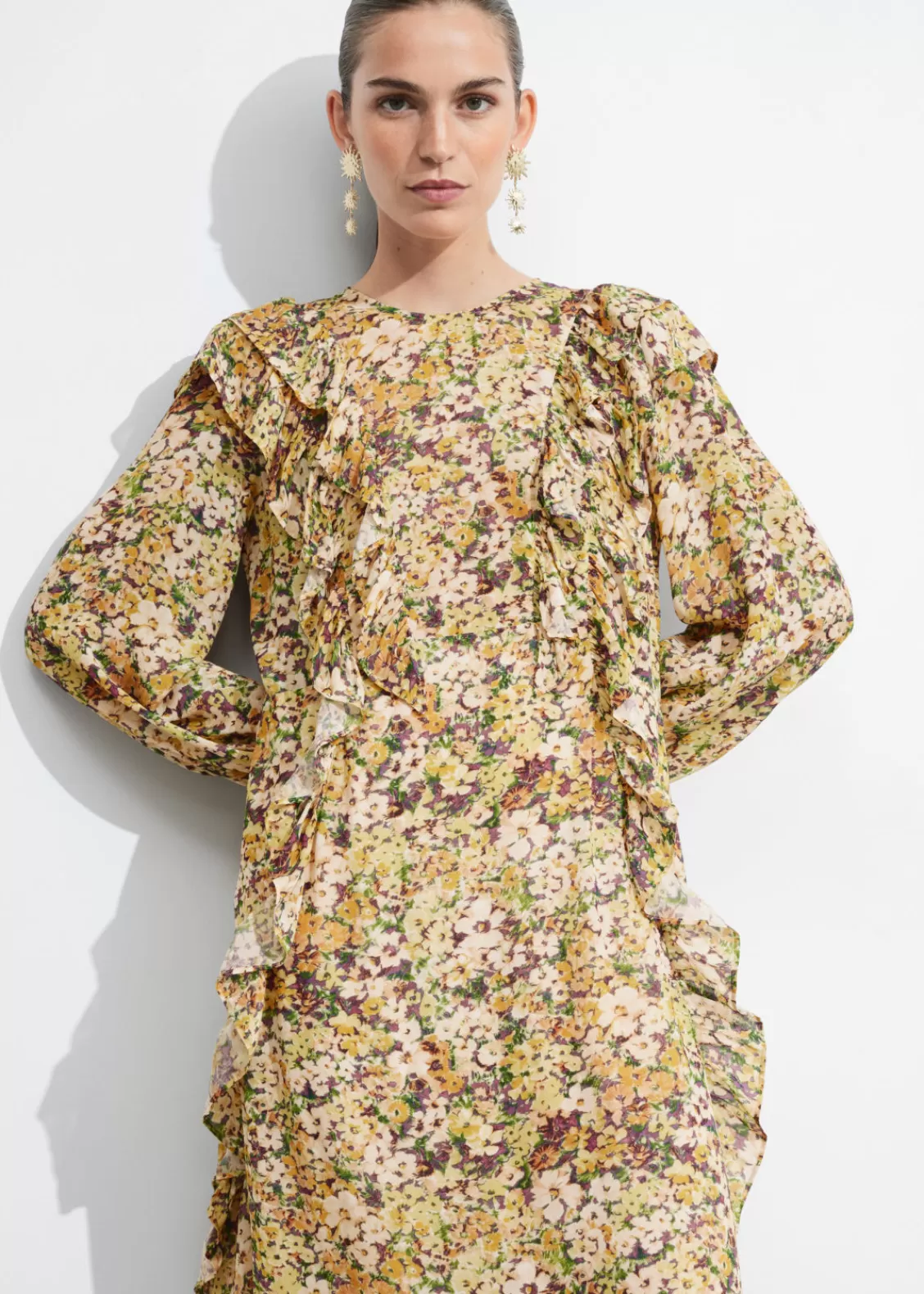 & Other Stories Dresses | Ruffle-Trimmed Midi Dress Yellow Print