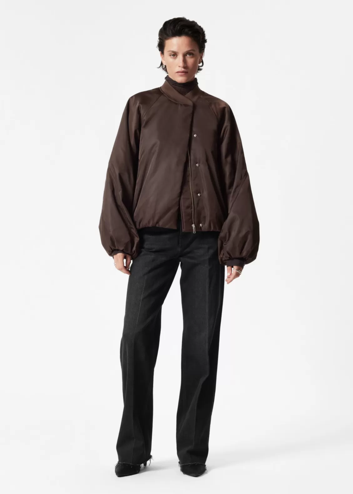 & Other Stories Outerwear | Voluminous-Sleeve Bomber Jacket Dark Brown